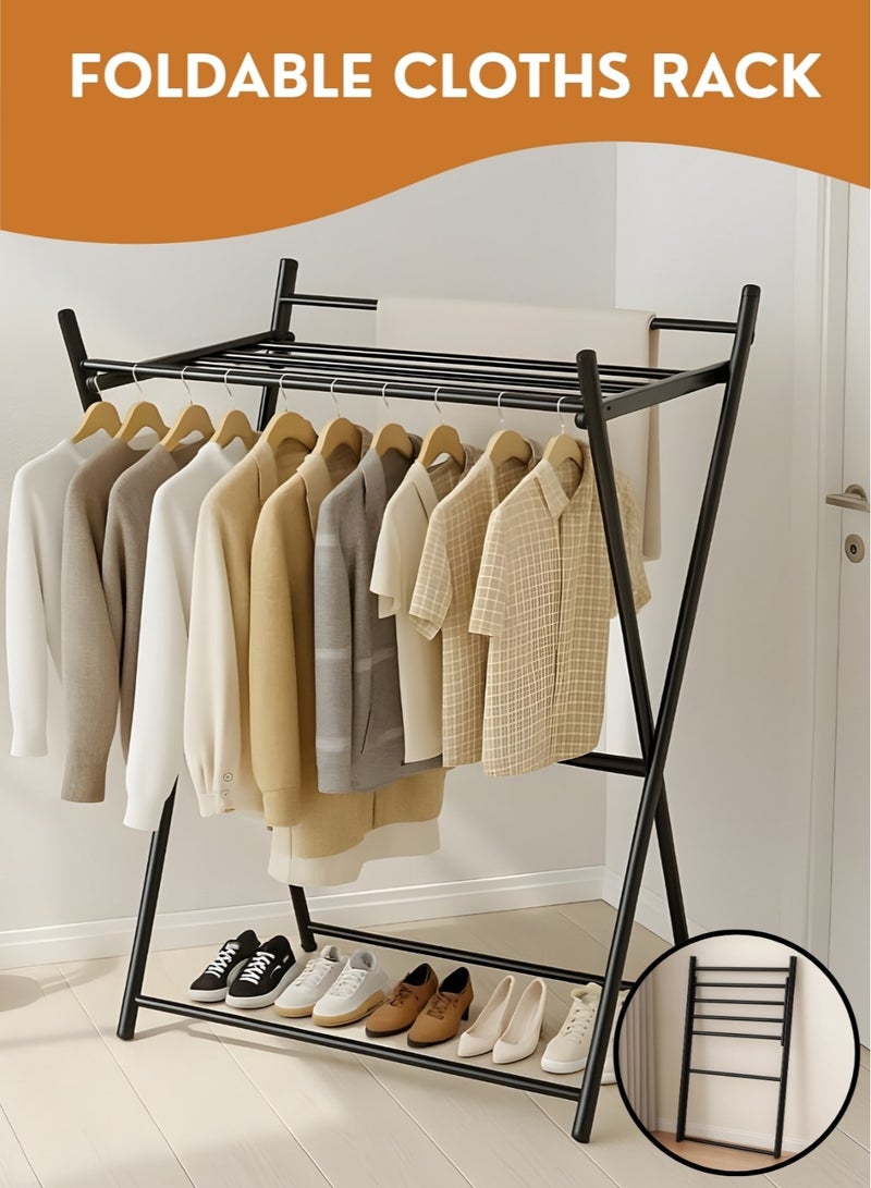 JUNI Foldable Clothes Drying Stand Heavy Duty Metal Garment Rack with Shoe Shelf, Portable Clothing Rack Stand for Bedroom & Laundry, Space-Saving, Clothes Hanger Stand Drying Rack - Image 1